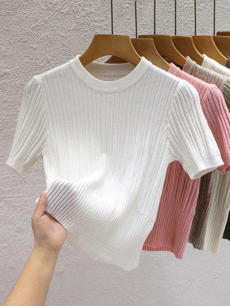 2026 Summer T shirts for Women Casual Female Korean Knit Streetwear Tees Basic Solid Young Cool Tops by Urban Fashion Icon