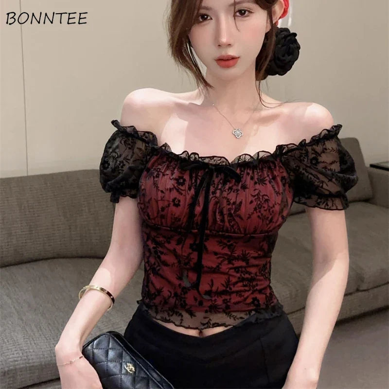 Blouses Women Lace Sexy Slim Tops Hot Girls Summer Stylish Short Puff Sleeve Seductive Backless Slash Neck Mesh Aesthetic Chic by Urban Fashion Icon