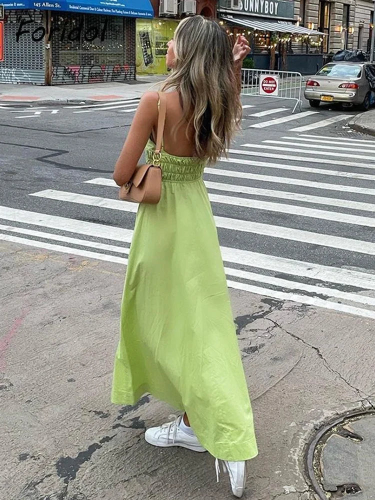 Foridol Elastic Smocking Green Cotton V Neck Summer Women's Dress Sleevless Long Green Maxi Casual Strapy Dress Solid Female by Ladyez