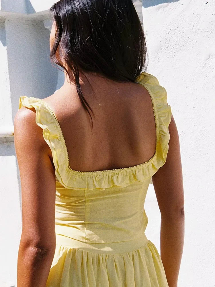 Summer Women White Cotton Dress Set 2025 Top+skirt 2 Pcs Outfit Ruffles Button Slim Top A-line Maxi Skirt Beach Casual Dress by Ladyez