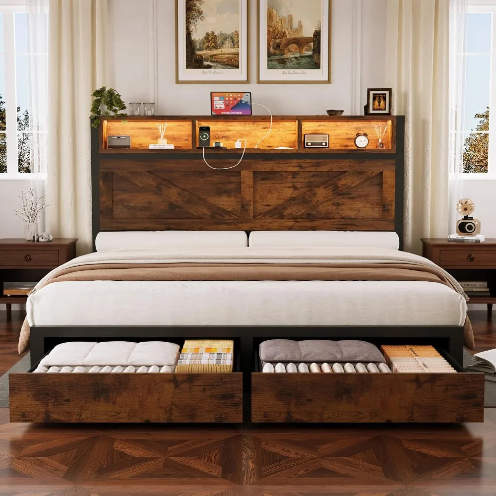 Farmhouse Queen Bed Frame & Bookcase Headboard,Charging Station & LED Light,2 Storage Drawers,Platform,Bedroom,Queen, Custom by FLIPSTYLEZLLC