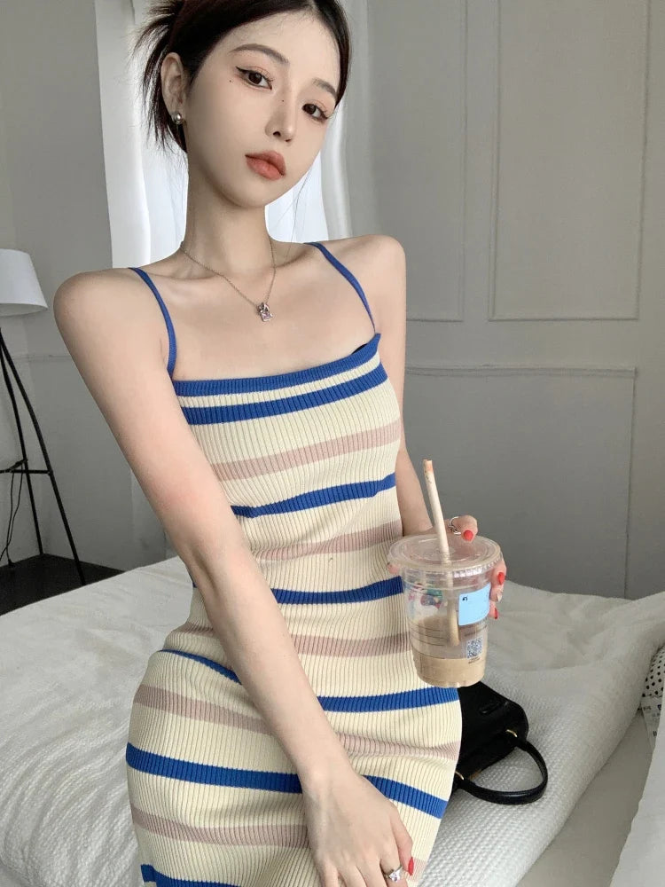 Sleeveless Slim fit Knitted Striped Mid Length Dresses by nowadaysfashion