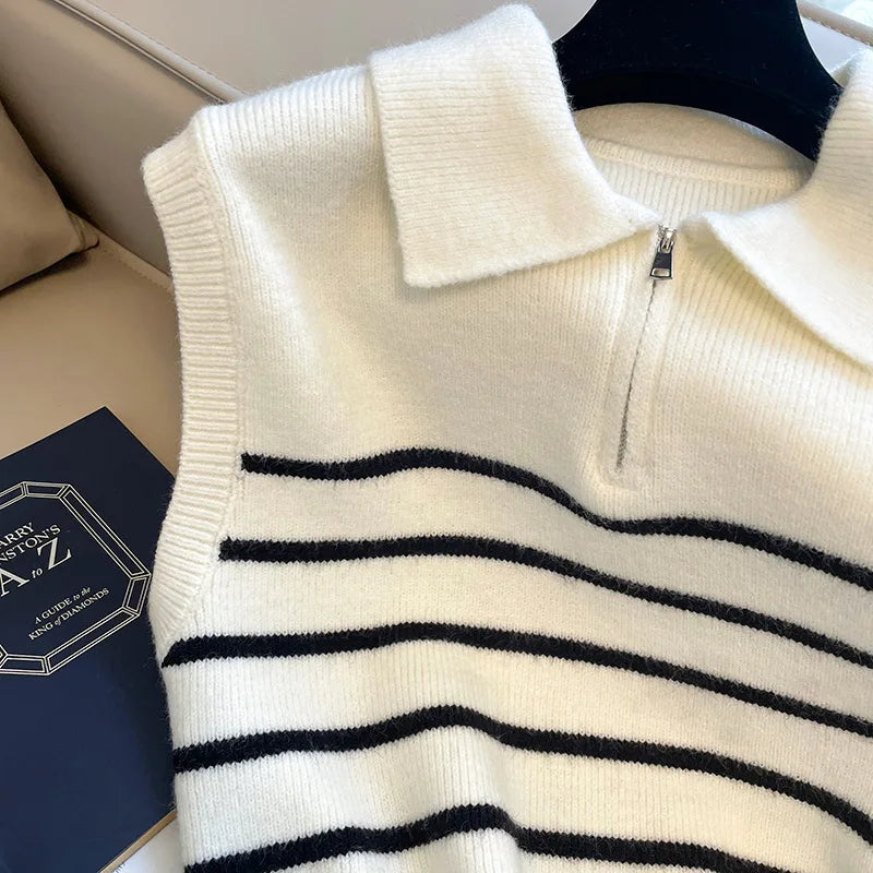Korean Retro Lapel Zipper Stripe Knitted Vest Women Autumn Winter Sleeveless Sweater Casual 100% Polyester Pullover Outerwear by Urban Fashion Icon
