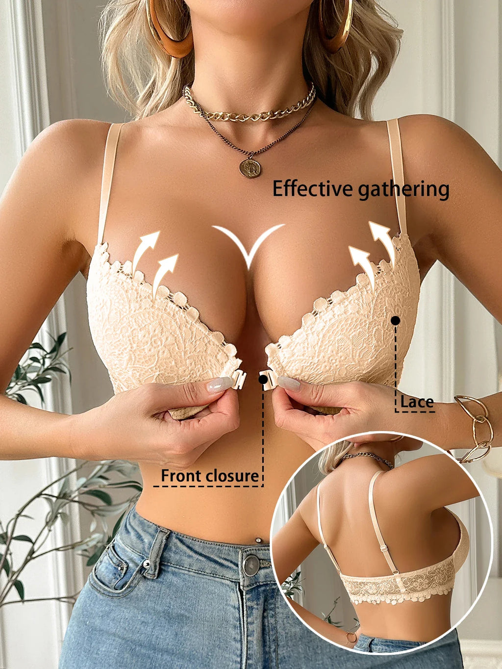 Modern Women's Lace Bra, Sexy Front-Clasp Push-Up Bra, Non-Padded, Breathable, Comfortable, Elegant, Sexy Lingerie Top by Ladyez