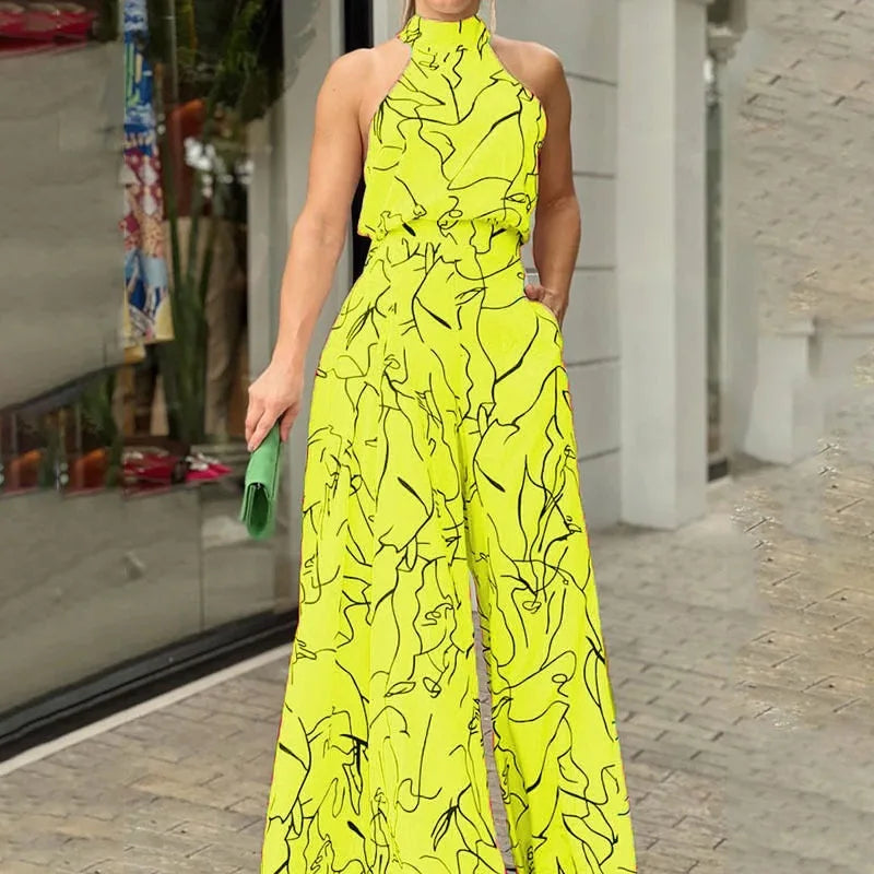 Elegant Printed Halter Neck Leace-Up Jumpsuit Women Sleeveless Fashion High Waist Wide Leg Jumpsuits Casual Streetwear New by Wild and Free Boutique