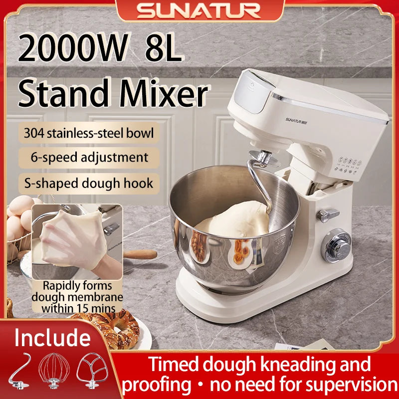 SUNATUR 8L Stand Mixer 2000W,Stainless Steel Bowl,6-Speed Dough Kneader&Egg Beater,Timed Fermentatio by FLIPSTYLEZLLC