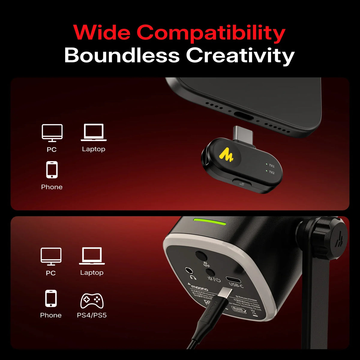 MAONO PD100W Wireless USB Dynamic Microphone Cardioid Microphone One-Touch Mute Noise Reduction RGB for PC Gaming Live Streaming by FLIPSTYLEZLLC