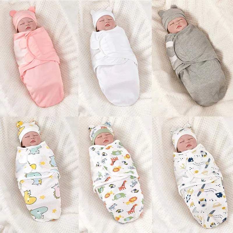 Baby Blanket Hat Set Cartoon Printed Cotton Newborn Swaddle Adjustable Infant Sleeping Swaddle Wraps All Seasons 0-6 Months by FLIPSTYLEZLLC