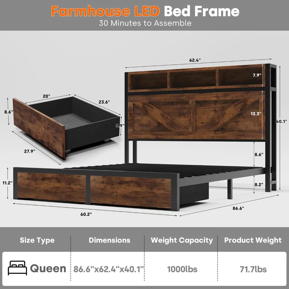 Farmhouse Queen Bed Frame & Bookcase Headboard,Charging Station & LED Light,2 Storage Drawers,Platform,Bedroom,Queen, Custom by FLIPSTYLEZLLC