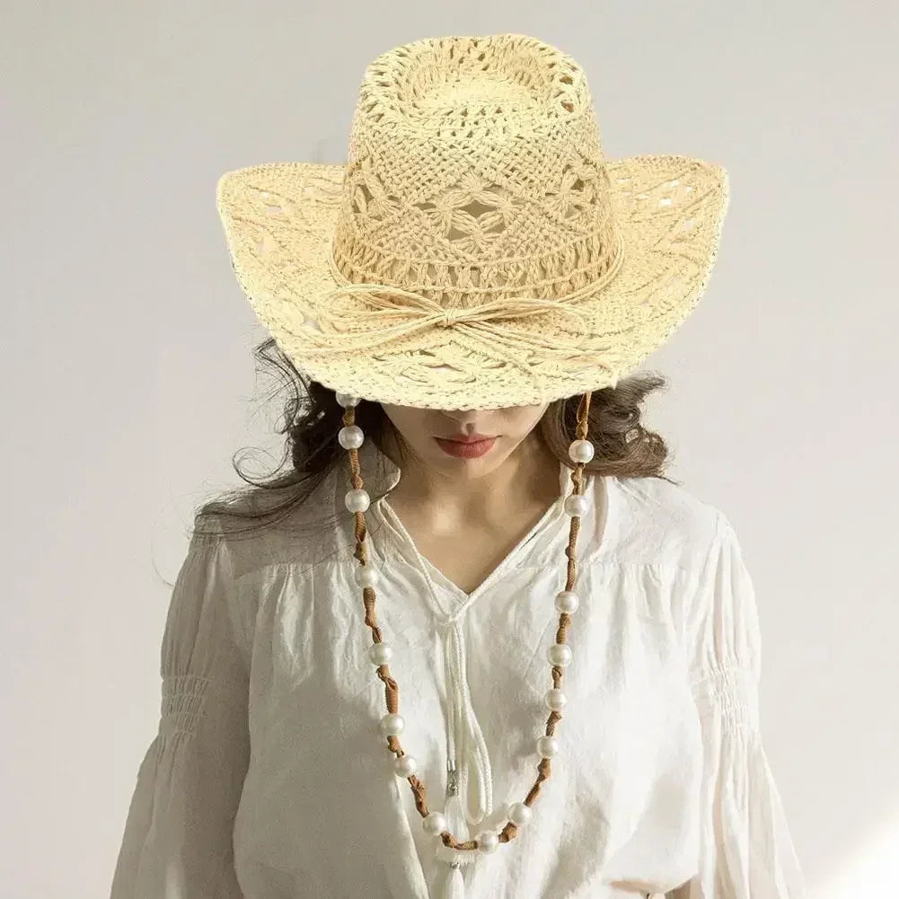 Summer Outdoor Men Women Hand-woven Western Cowboy Straw Hats Wide Brim Breathable Beach Jazz Cap Sun Protection Hat (Copy) by Goddess Imports Marketplace