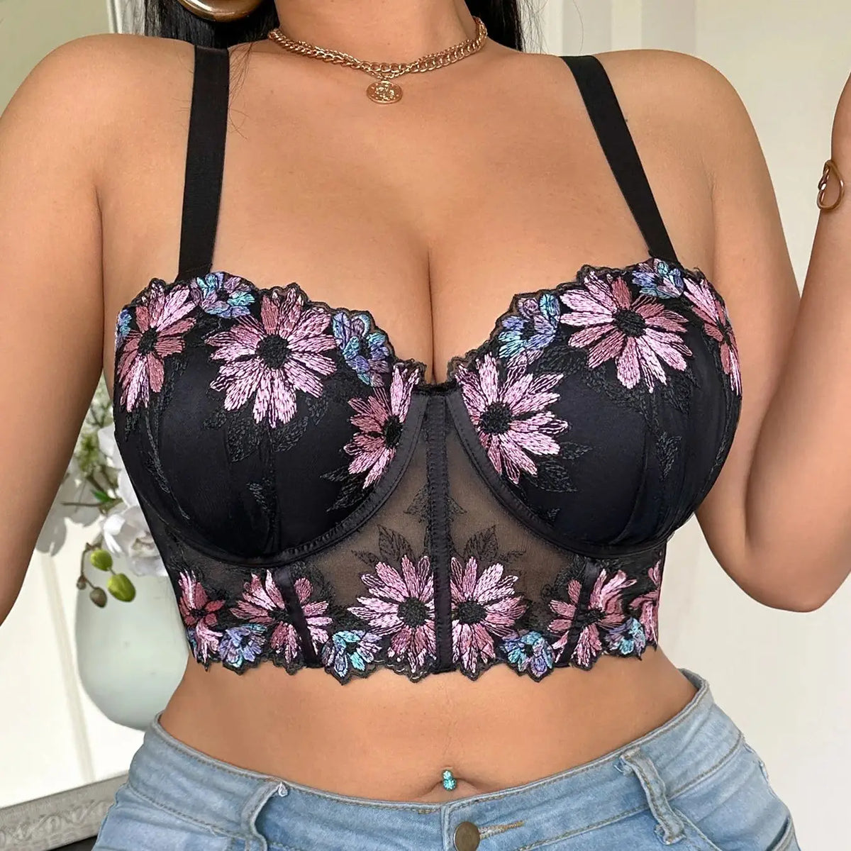 Plus Size Women Bra Floral Lace Patchwork Embroidery Thin Cup Push up Bra Comfortable Underwire Shapewear Bra for Women by Ladyez