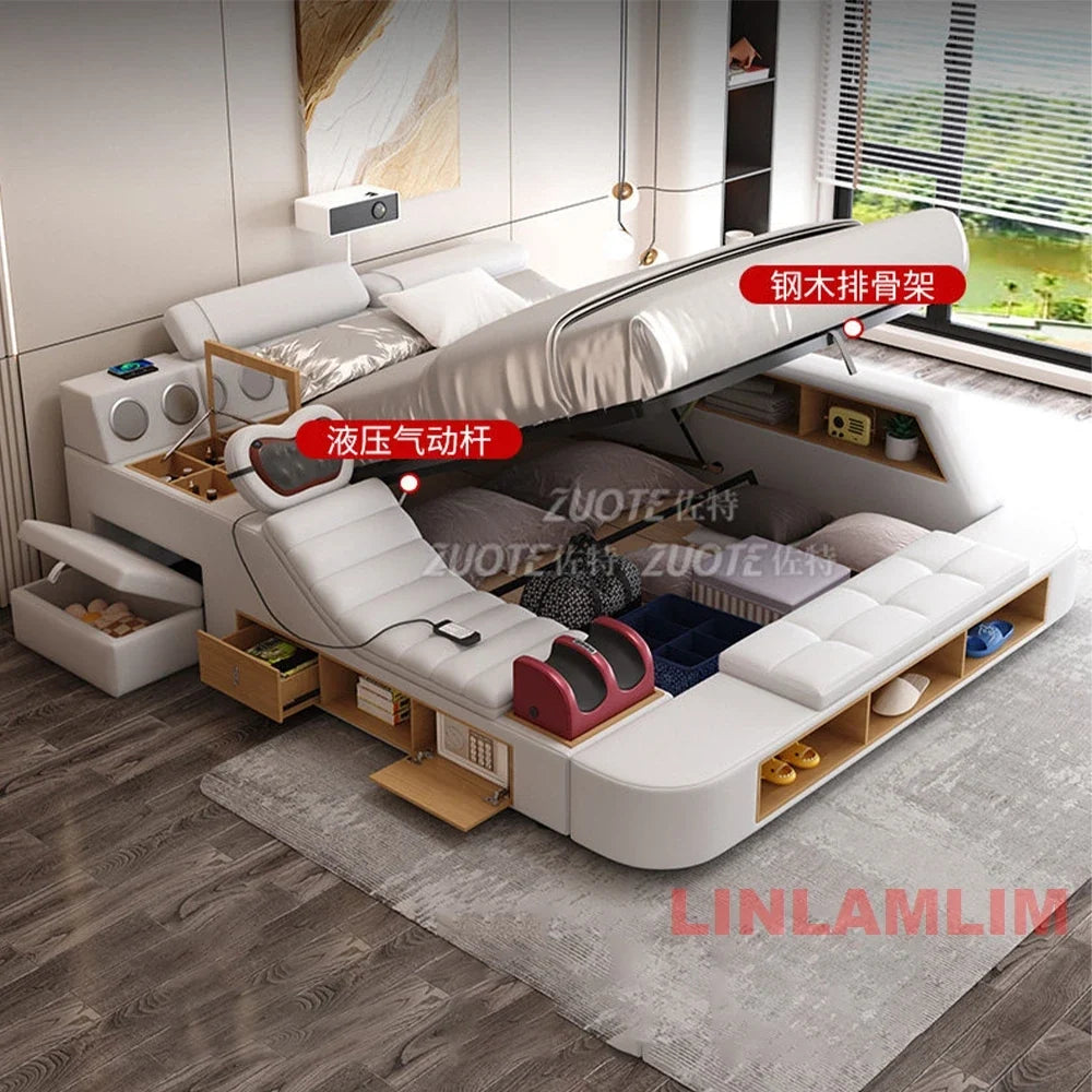 MINGDIBAO All In One Bed, Luxury Multifunctional Genuine Leather Bed Frame with Tatami, Tech Smart Ultimate Lit 2 Personnes by FLIPSTYLEZLLC