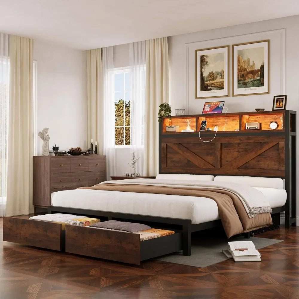 Farmhouse Queen Bed Frame & Bookcase Headboard,Charging Station & LED Light,2 Storage Drawers,Platform,Bedroom,Queen, Custom by FLIPSTYLEZLLC