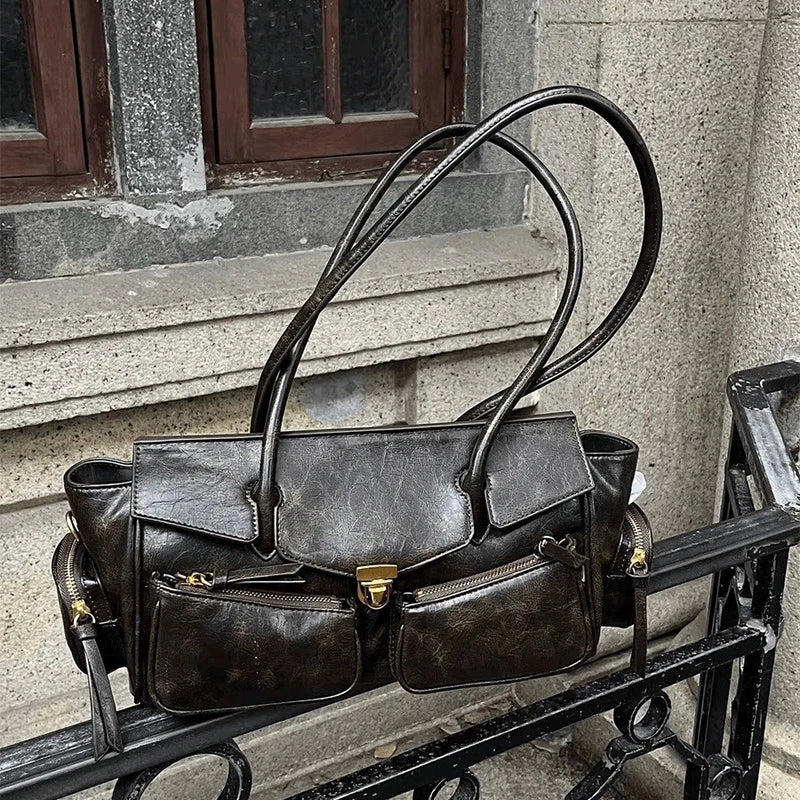 Vintage Underarm Bag For Girl Versatile Handbag Multi-pocket Motorcycle Bag Luxury Designer Handbag Spaghetti Strap Leather Bag by Itsokies Travel Store