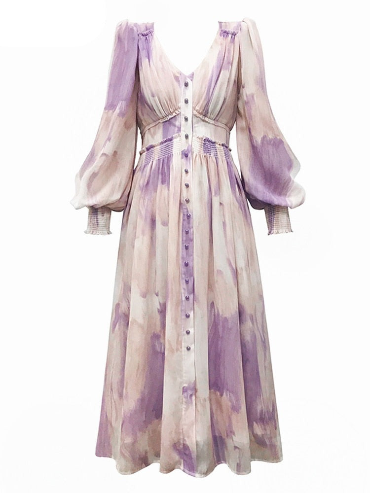 Printed Dress V-neck Long Sleeve Single-breasted Women A-line Dress vestidos by nowadaysfashion