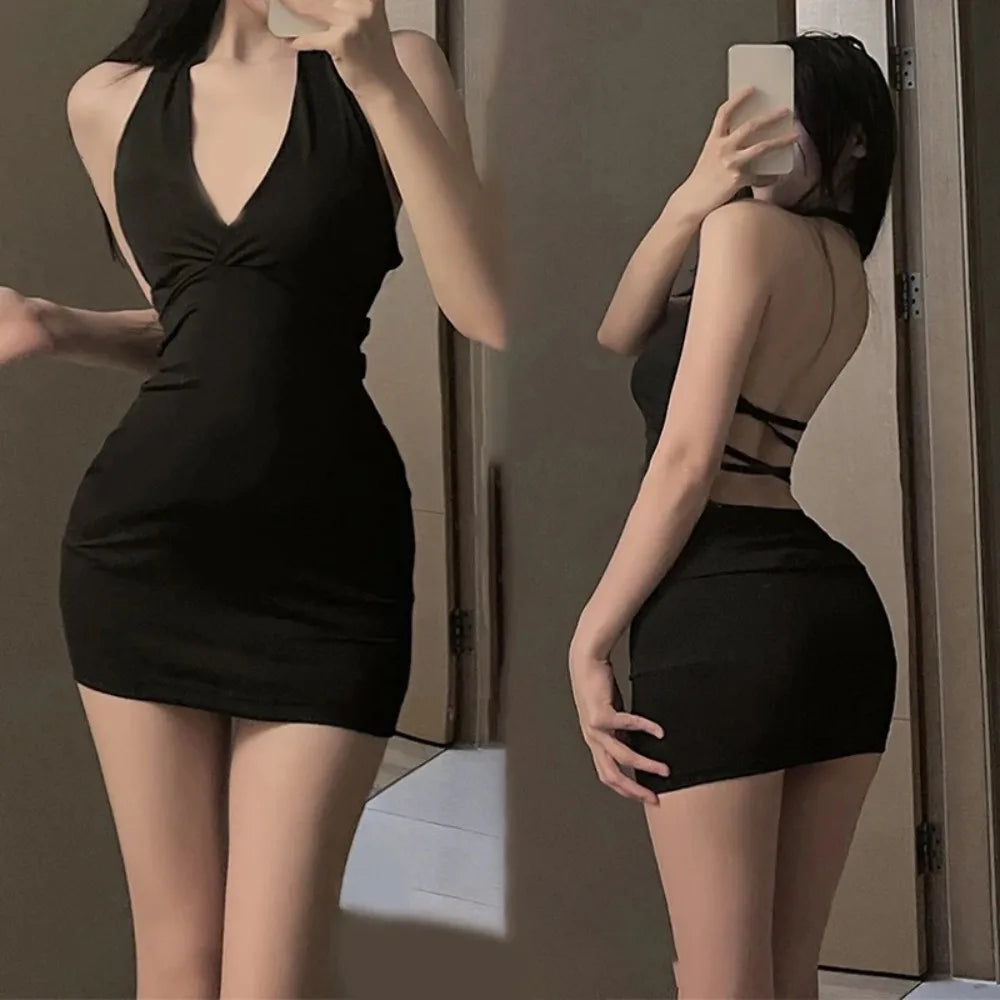 Women Sexy Halter Backless Slim V-neck Wrap Black Party Night Mini by AliExpress