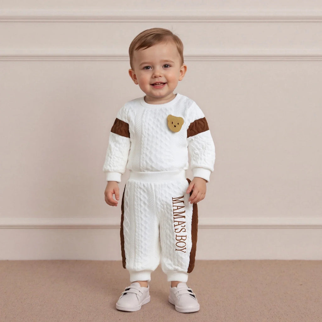 Baby Boy s Knit Outfits Fashionable Long Sleeve Bear Embroidery Textured Romper with Pants 2Pcs Set by FLIPSTYLEZLLC