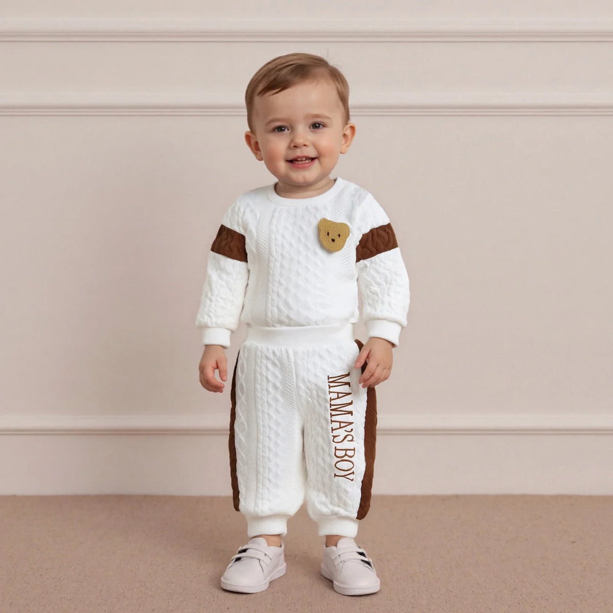 Baby Boy s Knit Outfits Fashionable Long Sleeve Bear Embroidery Textured Romper with Pants 2Pcs Set by FLIPSTYLEZLLC