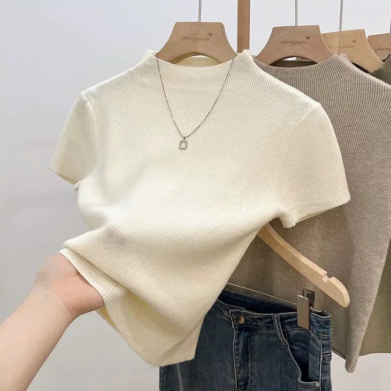 2026 Basic Turtleneck Solid Thin Summer Pullover Women Female Knitted Sweater Slim Short Sleeve Bodycon Sweater by Urban Fashion Icon
