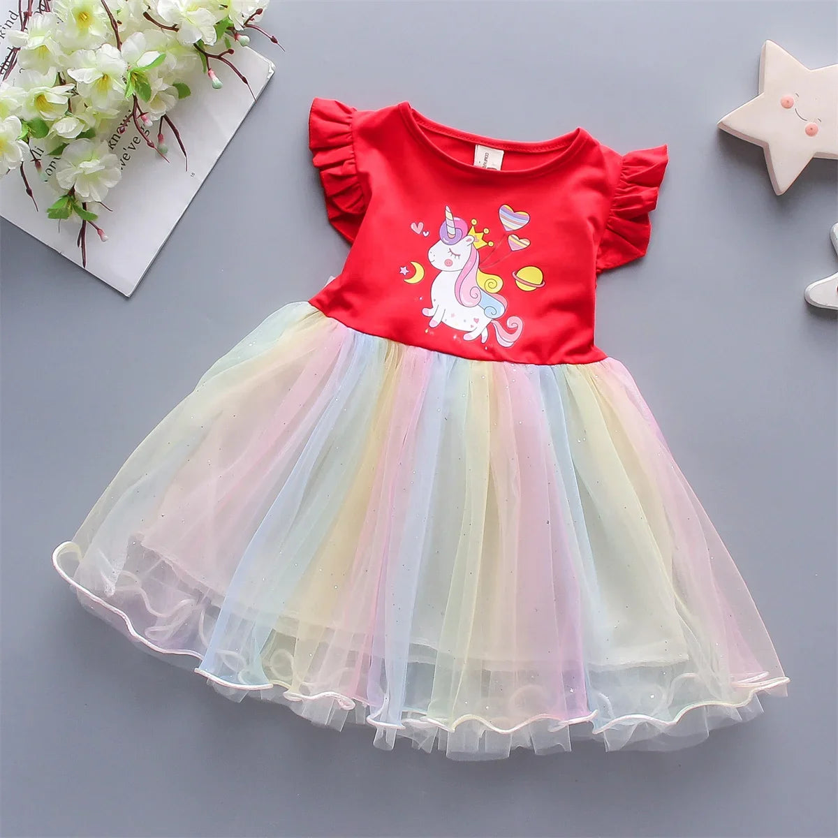 A Cute Girl'S Dress From 0 To 3 Years Old In Summer Sleeveless Love Trojan Horse Print Patchwork Rainbow Mesh Daily Casual Dress by Urban Fashion Icon