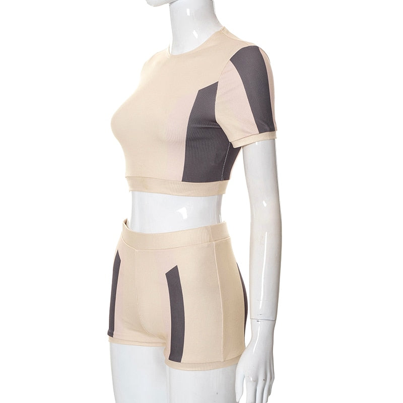 O Neck Short Sleeves Patchwork Crop T Shirt Shorts 2 Pieces Set by nowadaysfashion