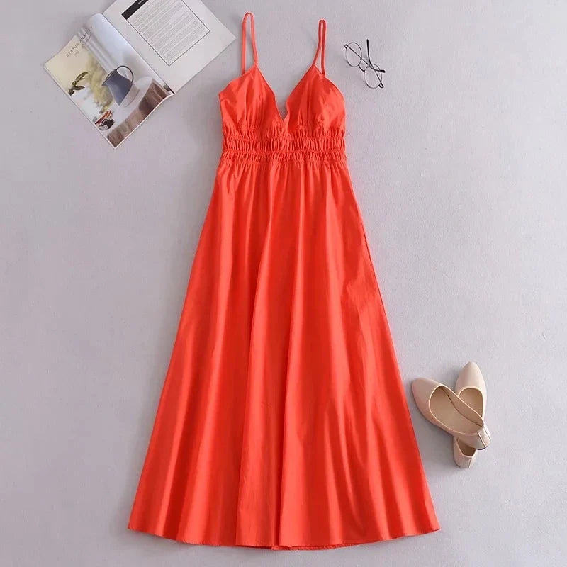 Foridol Elastic Smocking Green Cotton V Neck Summer Women's Dress Sleevless Long Green Maxi Casual Strapy Dress Solid Female by Ladyez