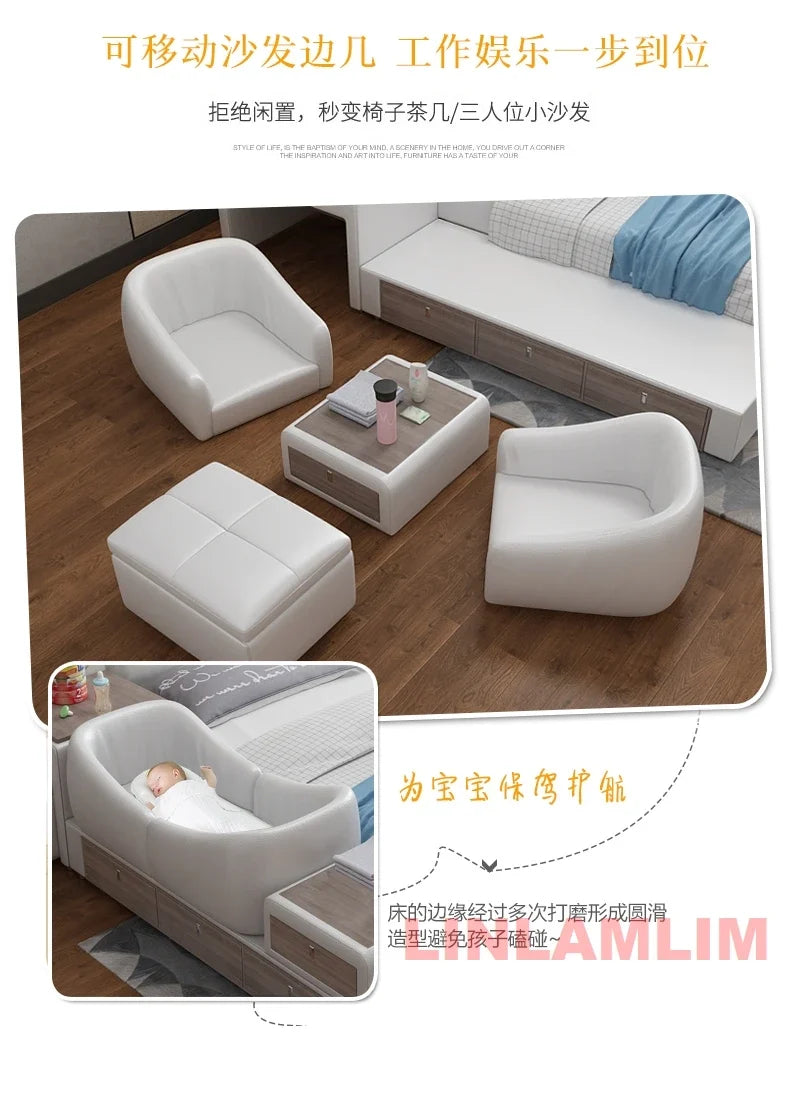 Modern Multifunctional Genuine Leather Platform Bed Frame, King Size Upholstered Family Bed with Integrated Baby Crib, Drawers by FLIPSTYLEZLLC