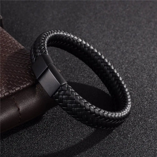 Retro Men's Leather Open Bangle, Simple Multi-Size Woven Leather Hand by AliExpress