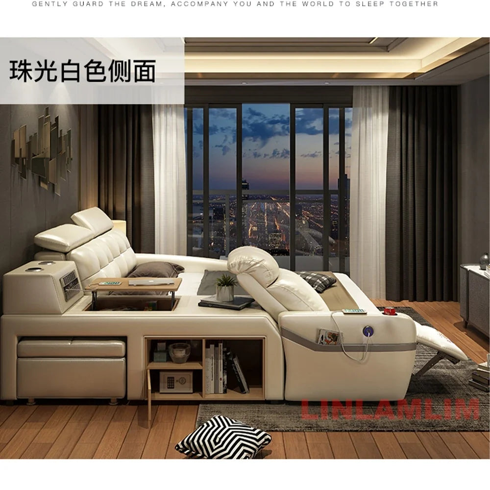 Ultimate Tech Smart Genuine Leather Bed with Massage Chair, Speaker, Air Purifier & USB – Luxury Multifunctional Platform Bed by FLIPSTYLEZLLC