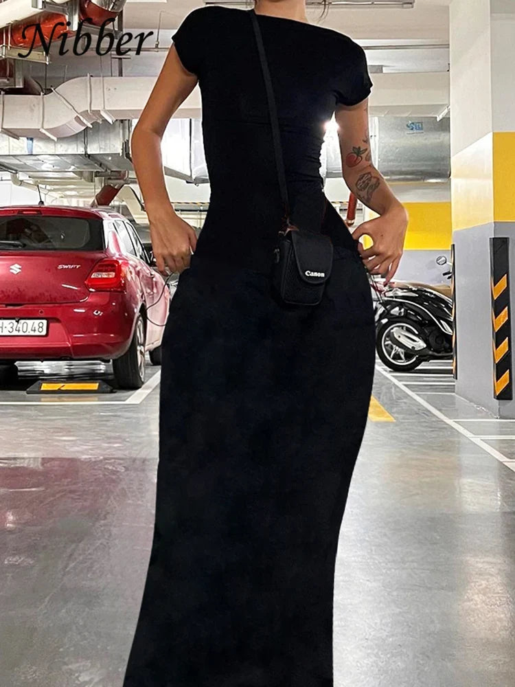 Nibber Solid Sexy Backless Maxi Dress Women Elegant Elastic Slim Short Sleeve Long dresses Female Bodycon Streetwear Clothing by Urban Fashion Icon