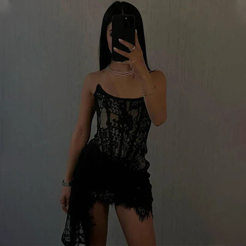 Candyhot Elegant Lace Strapless Sexy See-through Dress Bandage Irregular Mini Dress For Women Summer Slim Street Party Dress by Goddess Imports Marketplace