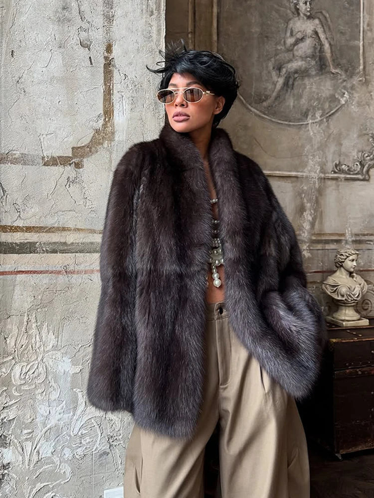 Solid Medium-length Fur Coat Women Elegant Lapel Hidden Button Loose Outerwear 2025 Winter New Office Lady Commute Overcoat by Urban Fashion Icon