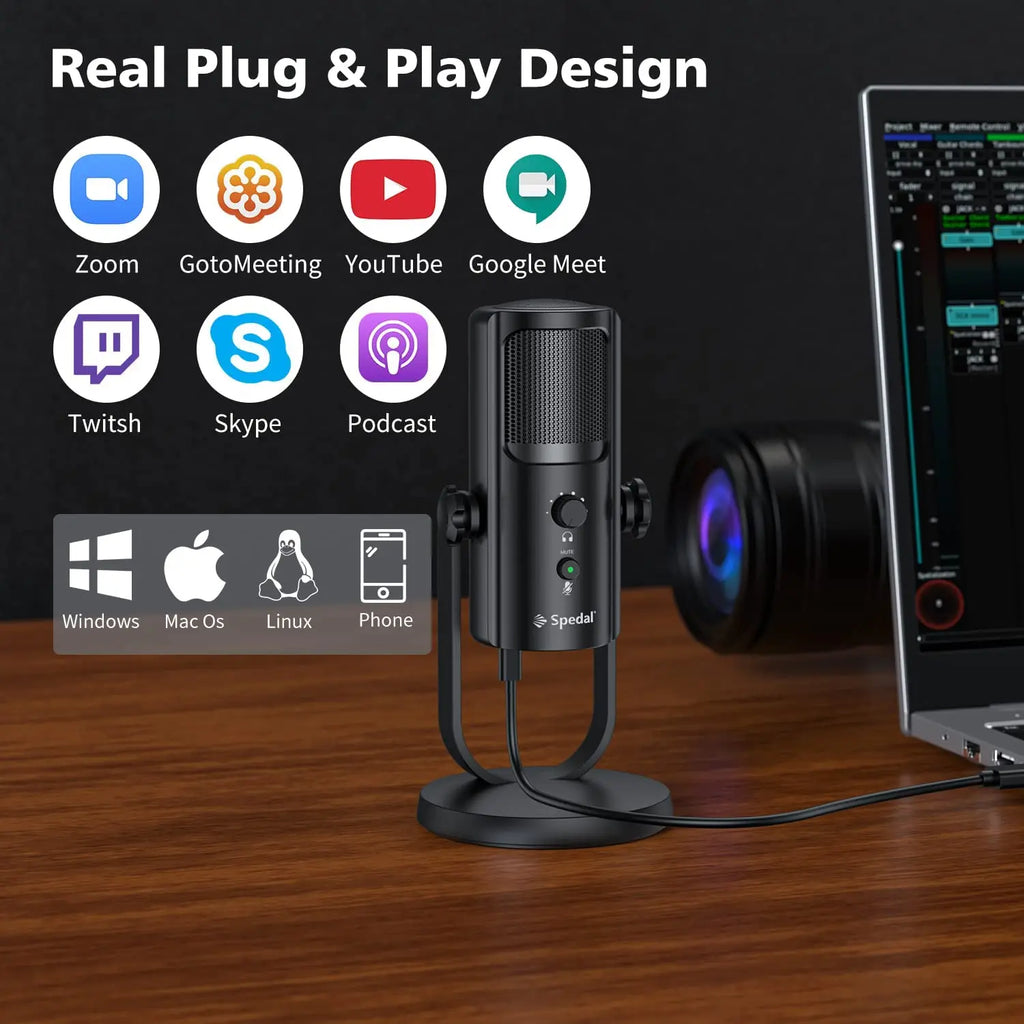 USB Microphone for PC Mac Gaming Recording Stream Podcast, Computer Condenser Mic with Phone Adapter Headphone Output by FLIPSTYLEZLLC