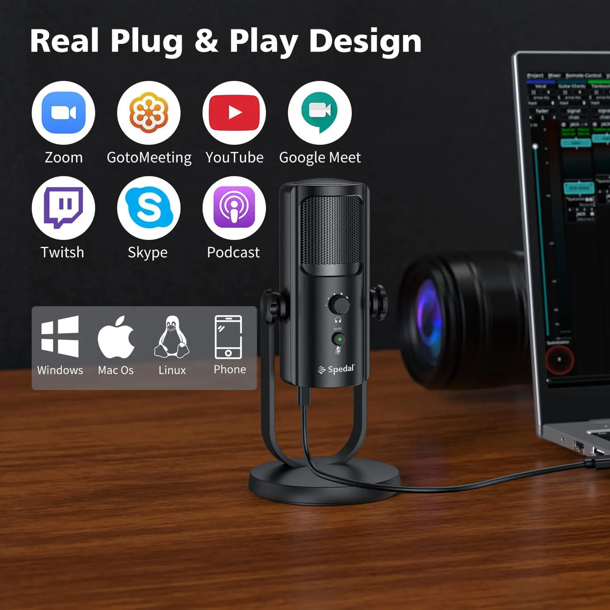 USB Microphone for PC Mac Gaming Recording Stream Podcast, Computer Condenser Mic with Phone Adapter Headphone Output by FLIPSTYLEZLLC