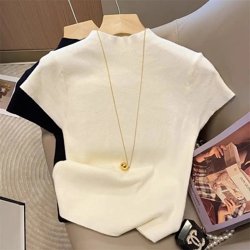 2026 Basic Turtleneck Solid Thin Summer Pullover Women Female Knitted Sweater Slim Short Sleeve Bodycon Sweater by Urban Fashion Icon