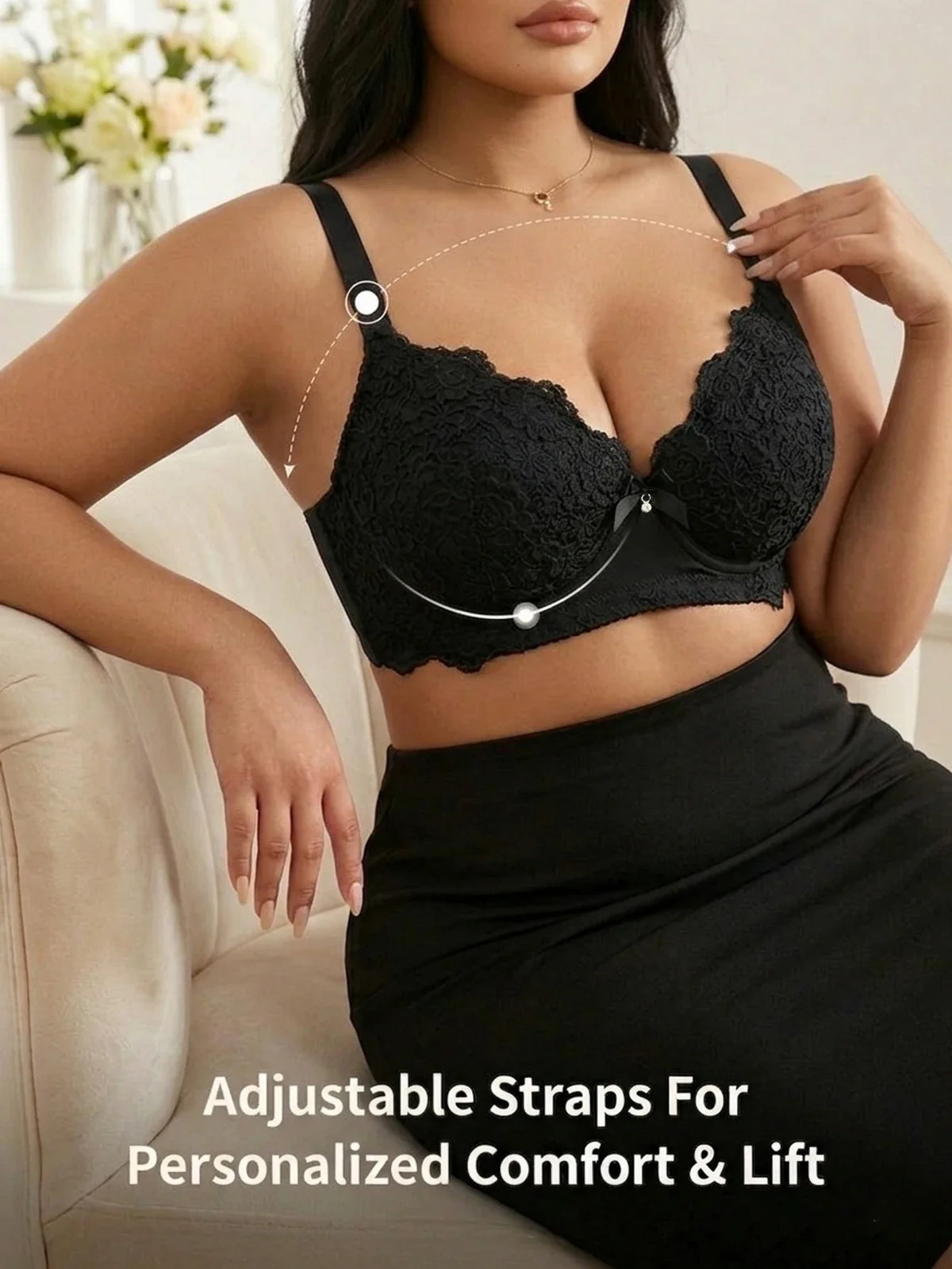 Plus Size Floral Lace Women Push-Up Bra Underwire Support Anti-Sagging Underwear Comfy Wide Straps Thin Cup Daily Lingerie Bra by Ladyez