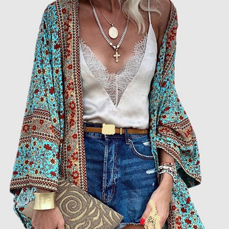 Cardigan Women Bohemian Floral Printed Blouse Open Front Loose Beach Tops Vintage Long Sleeve by nowadaysfashion