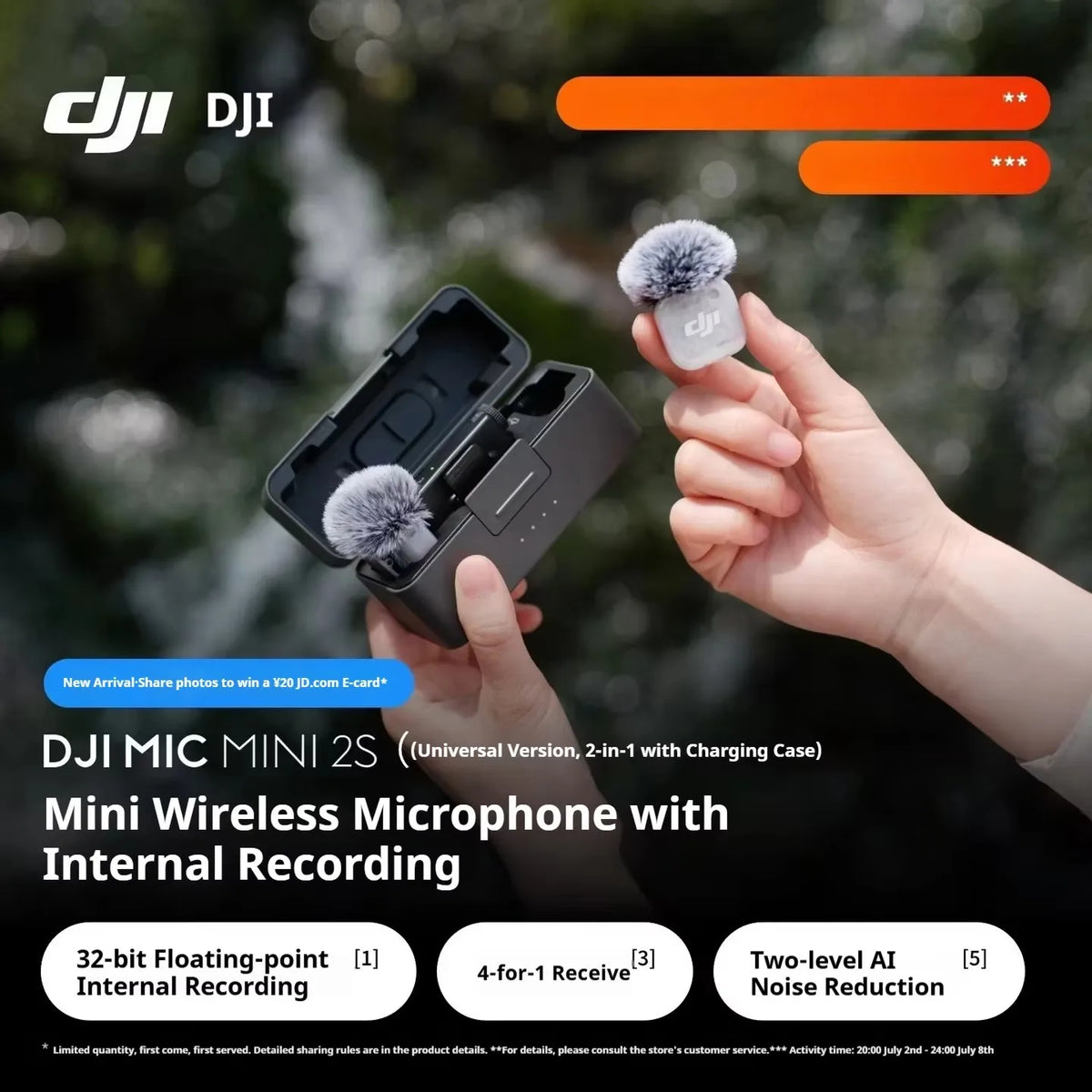 For DJI Mic Mini 2S Wireless Lavalier Mic 1TX/2TX 1RX Built-in Recording 32-bit Float AI Noise Reduction Mic for Camera Phone by FLIPSTYLEZLLC
