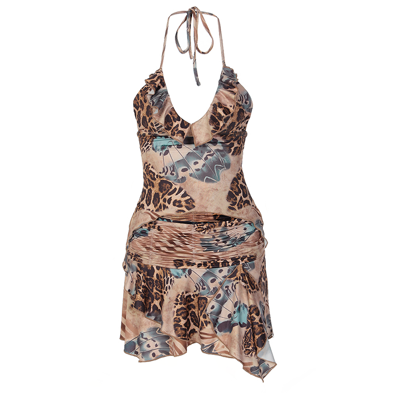 Ruffles Print Halter Sleeveless Crop Top Draped Skirts 2 Pcs Set by nowadaysfashion
