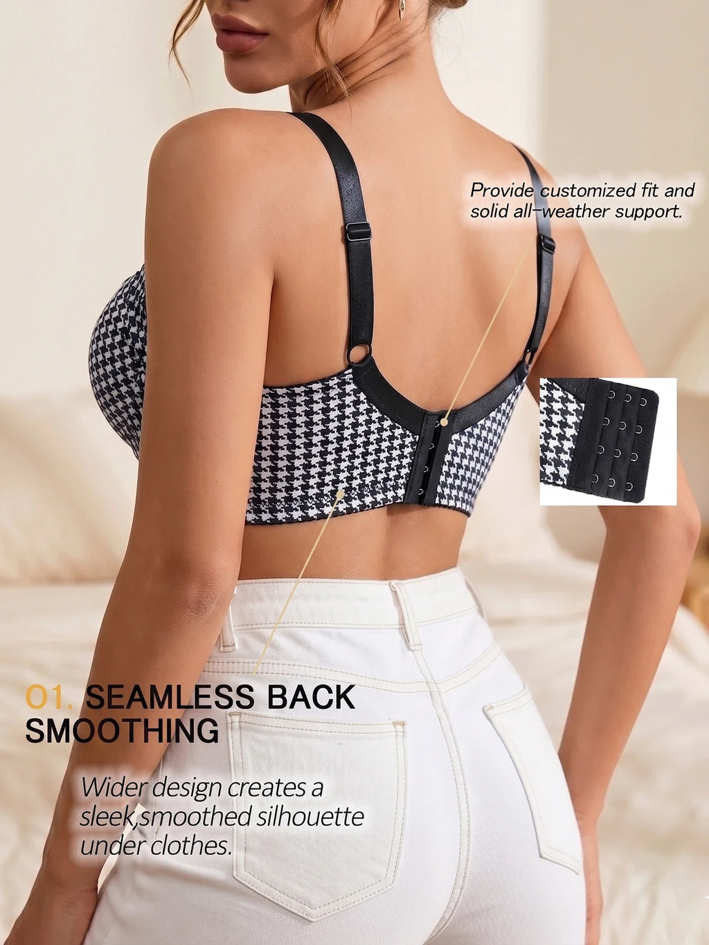 Women's Houndstooth Print Push-Up Bra Wide Elastic Straps Underwear Underwire Side Smoothing & Supportive Bra Women by Ladyez