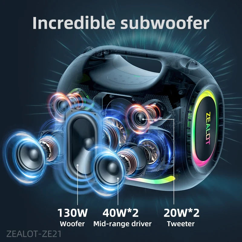 ZEALOT-ZE21 250W Big Power Wireless TWS Subwoofer Bluetooth Speaker High Volume Waterproof Portable Mobile Power HIFI Sound by FLIPSTYLEZLLC