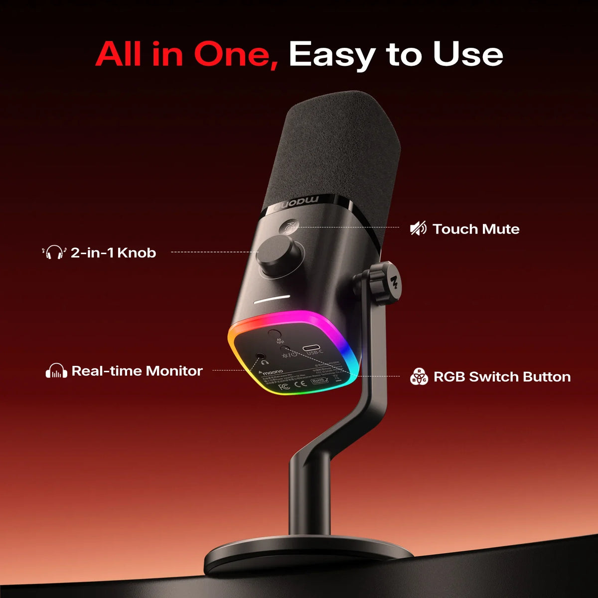 MAONO PD100W Wireless USB Dynamic Microphone Cardioid Microphone One-Touch Mute Noise Reduction RGB for PC Gaming Live Streaming by FLIPSTYLEZLLC