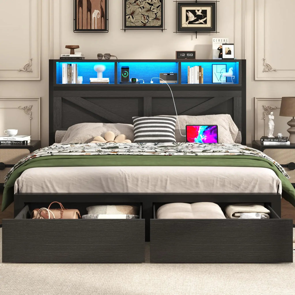 Farmhouse Queen Bed Frame & Bookcase Headboard,Charging Station & LED Light,2 Storage Drawers,Platform,Bedroom,Queen, Custom by FLIPSTYLEZLLC
