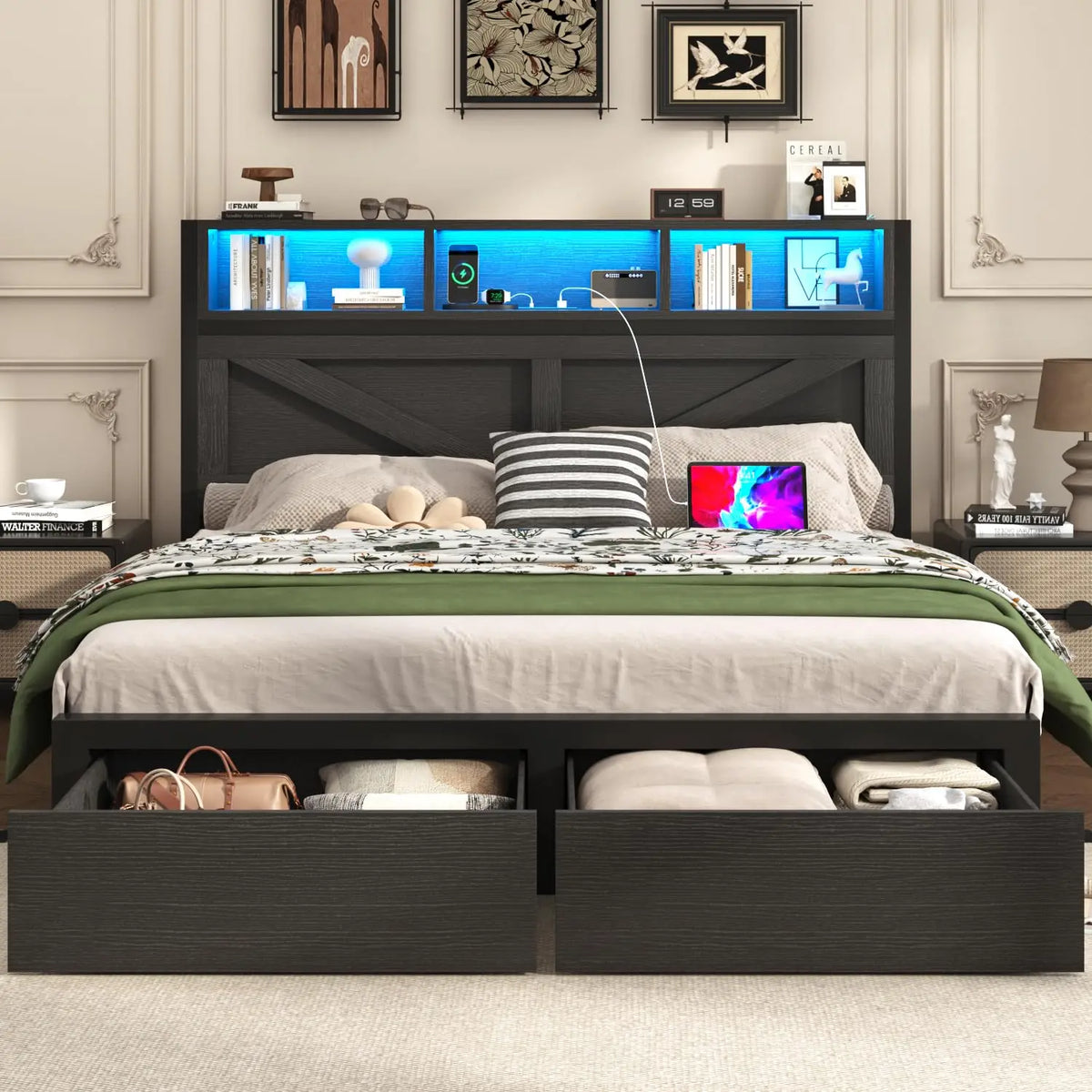 Farmhouse Queen Bed Frame & Bookcase Headboard,Charging Station & LED Light,2 Storage Drawers,Platform,Bedroom,Queen, Custom by FLIPSTYLEZLLC