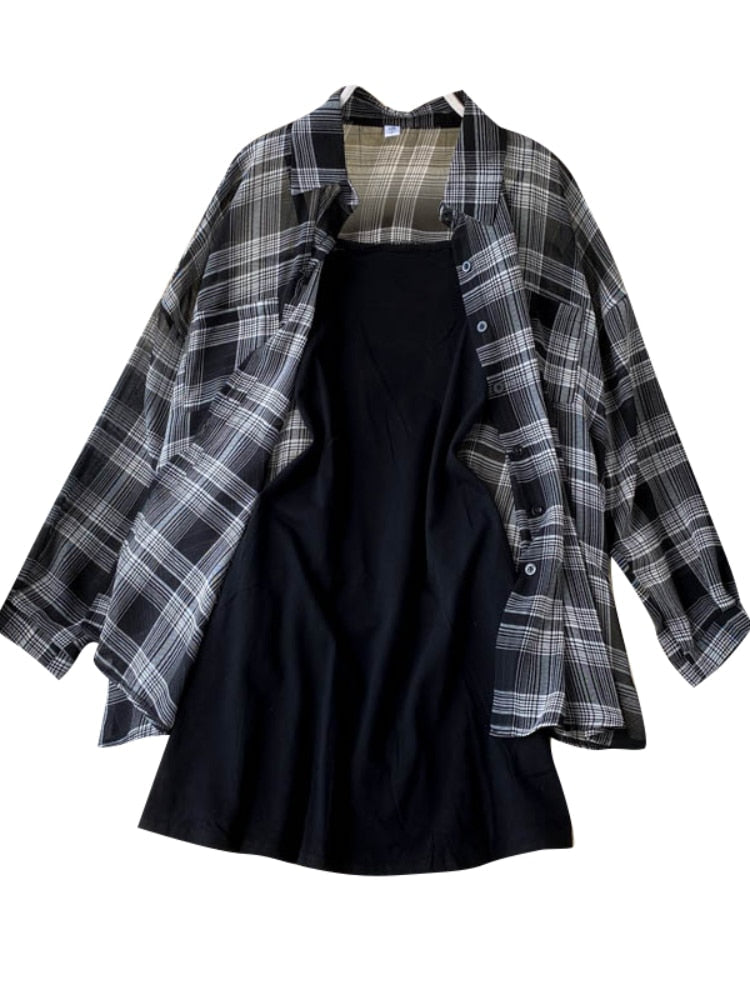 Two Piece Set Long Sleeve Plaid Grey Overcoats Spaghetti Strap Slim Dress by nowadaysfashion