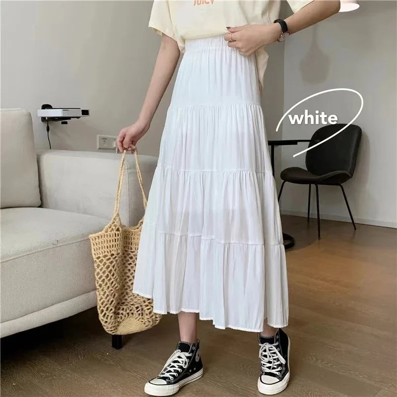 Spring Summer Women Skirts Vintage High Waist Elastic Patchwork White Black Chic Long Cake A-line Skirt by Urban Fashion Icon