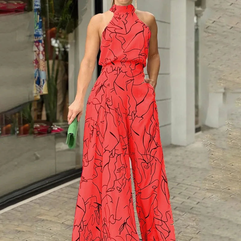 Elegant Printed Halter Neck Leace-Up Jumpsuit Women Sleeveless Fashion High Waist Wide Leg Jumpsuits Casual Streetwear New by Wild and Free Boutique