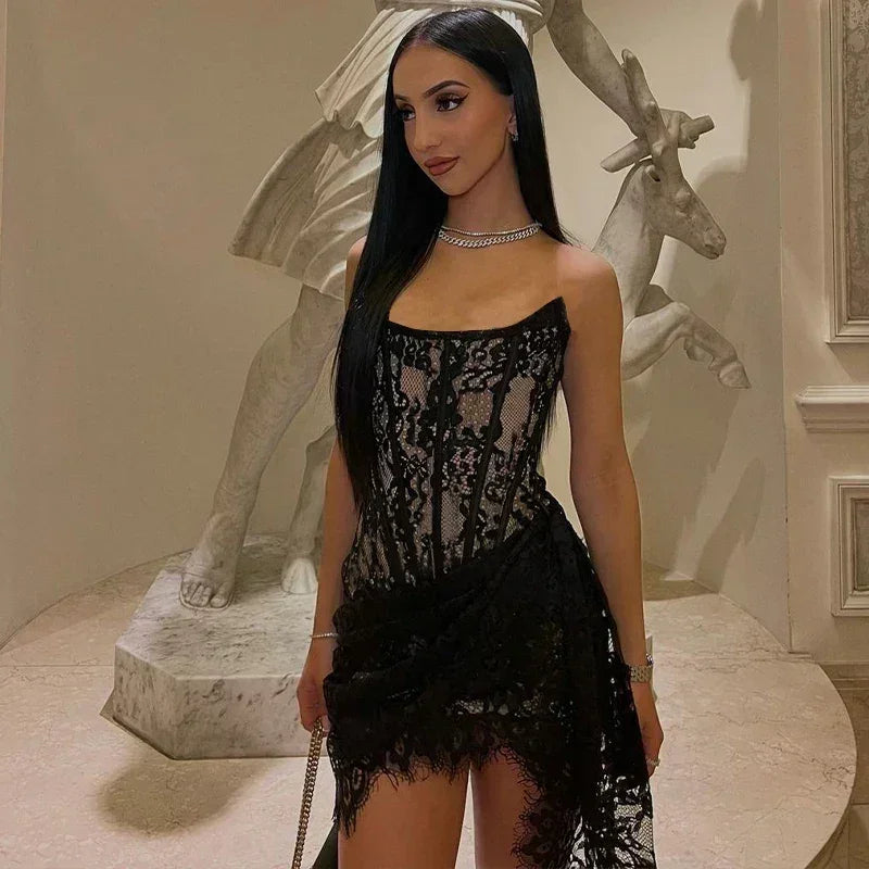 Candyhot Elegant Lace Strapless Sexy See-through Dress Bandage Irregular Mini Dress For Women Summer Slim Street Party Dress by Goddess Imports Marketplace