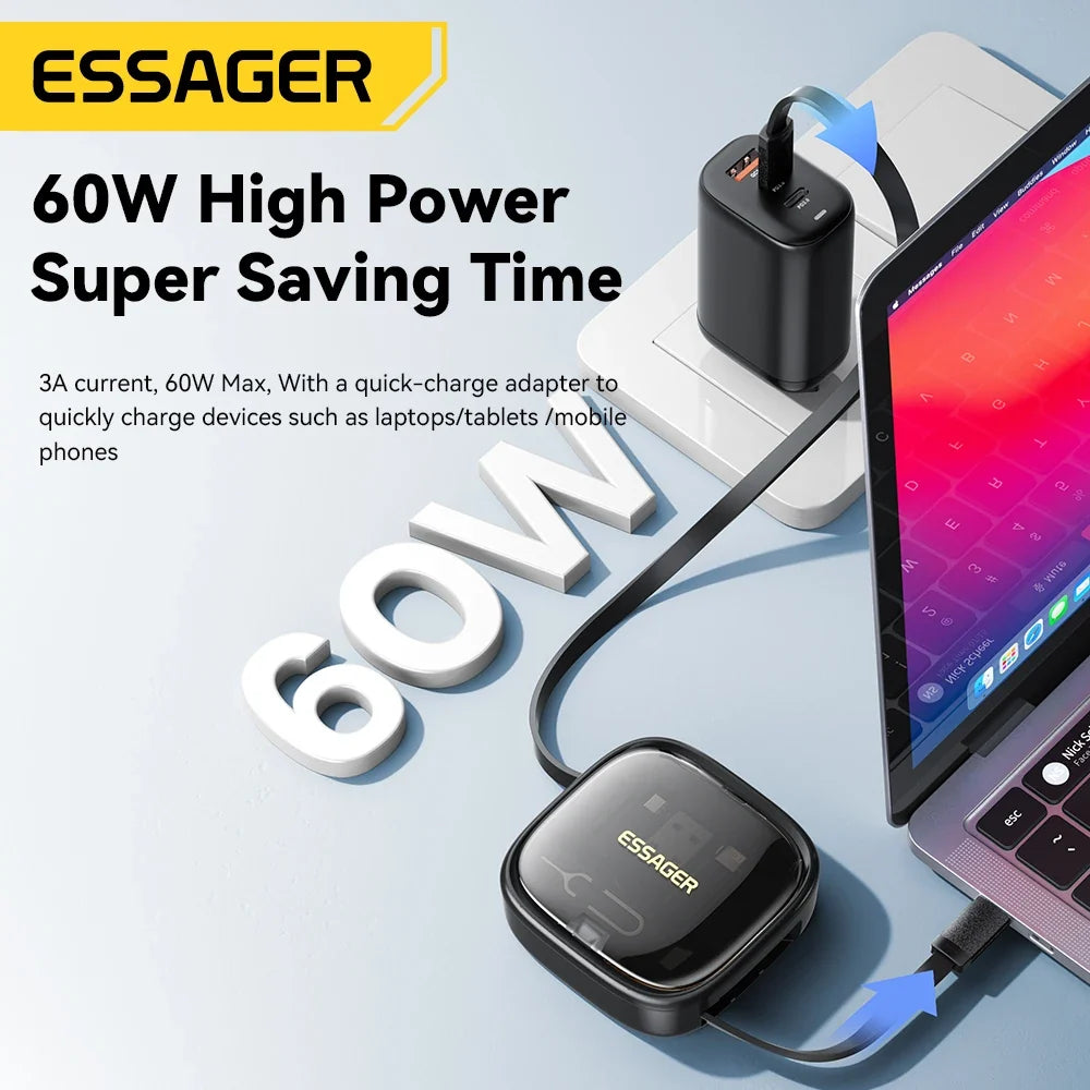 Essager 60W Fast Charge USB A/C To TypeC Micro Lightning Cable Mini Multifunctional Travel Storage Box With Phone Holder Pin Set by FLIPSTYLEZLLC