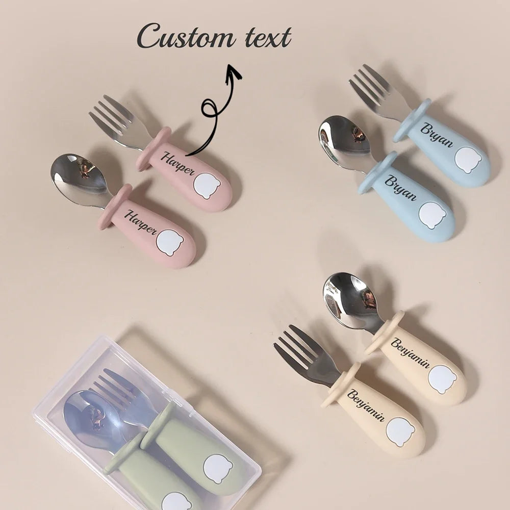 Custom Name Baby Panda Spoon Fork Set | First Self Feeding Utensils for Toddlers Stainless Steel Weaning Set with Travel Case by FLIPSTYLEZLLC